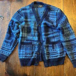 Beams Plus Patchwork-Like Jacquard Knit Cardigan - Indigo
